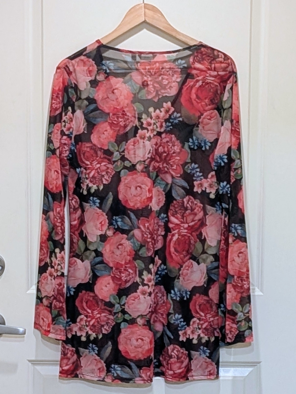 EUC La Vie En Rose Aqua M Sheer Black and Pink Rose Print Beach Dress - Picture 6 of 8